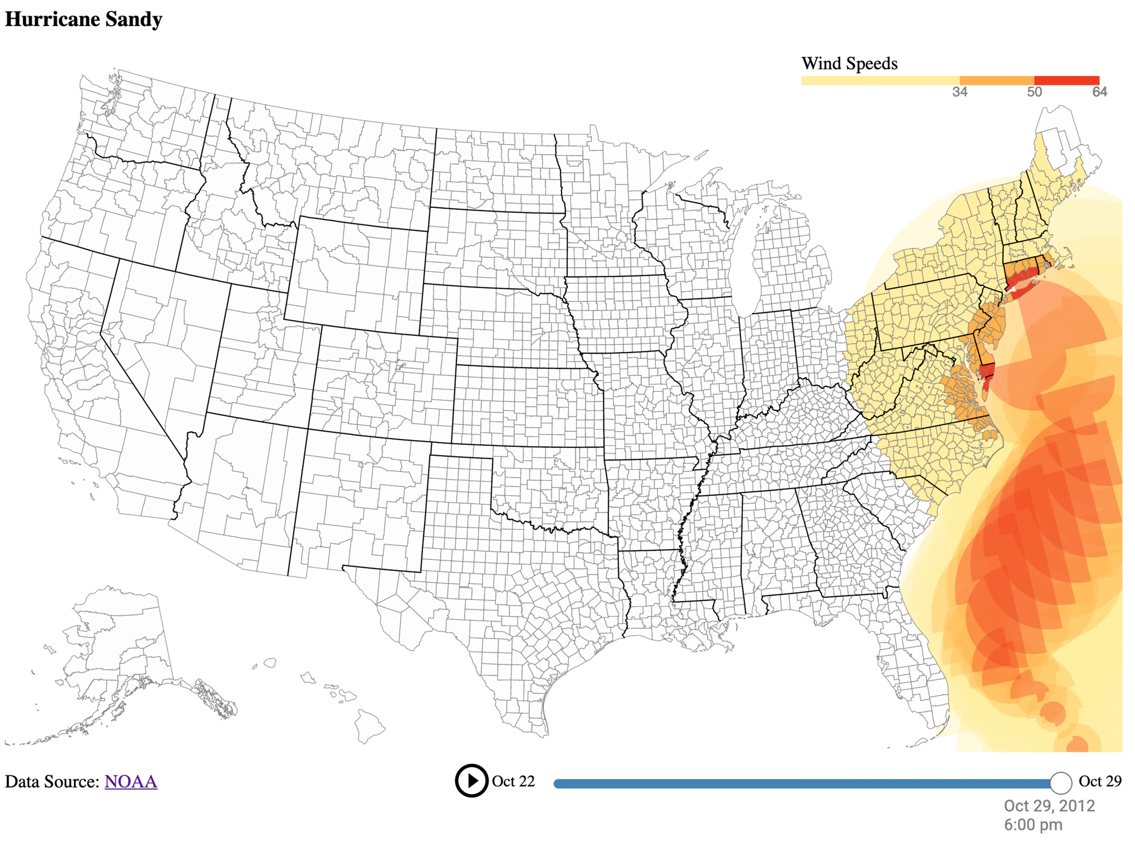 Map-based hurricane visualization showing wind-speed gradients and a temporal scrubber.