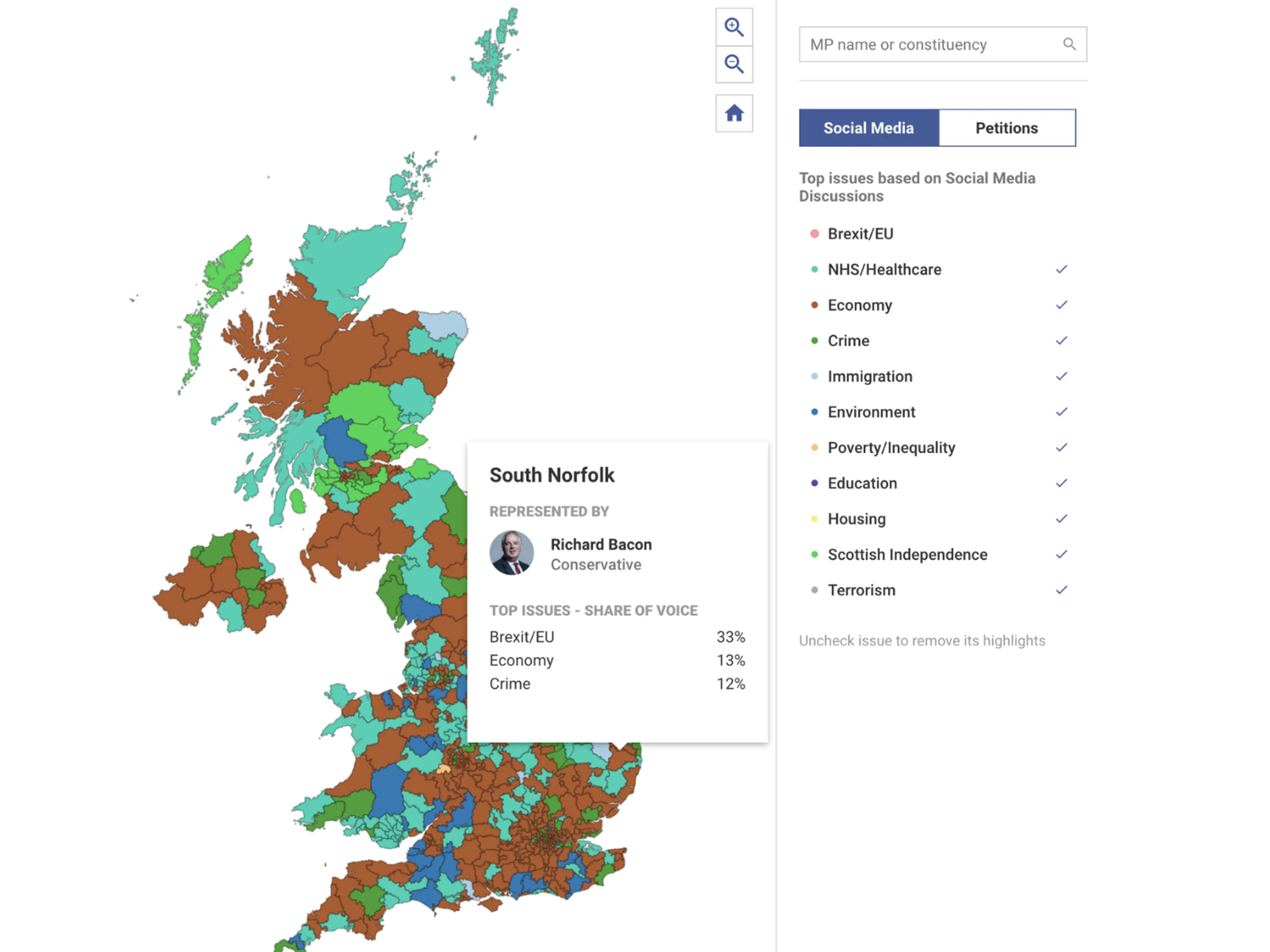 Interactive map of UK constituencies with political issue filters and representative detail.